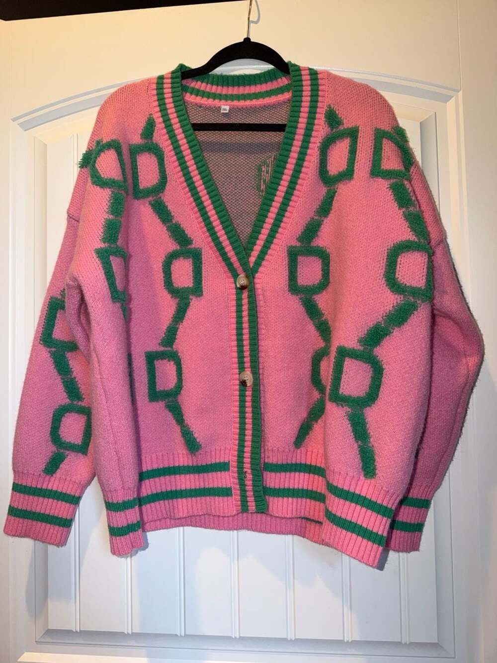 3XL
Pink and Green Geometric Pattern Button-Front Knit Cardigan - Picture 2 of 6